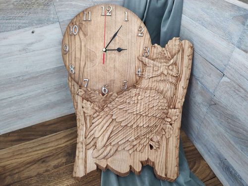 Zegar ścienny drewno z sową na tle księżyca motyw myśliwski 50cm na prezent na Arena.pl