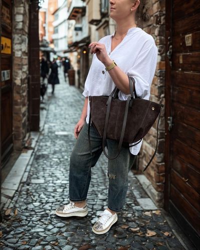 Czekoladowa zamszowa torebka brązowa shopper ZAMSZ NATURALNY łódka na Arena.pl