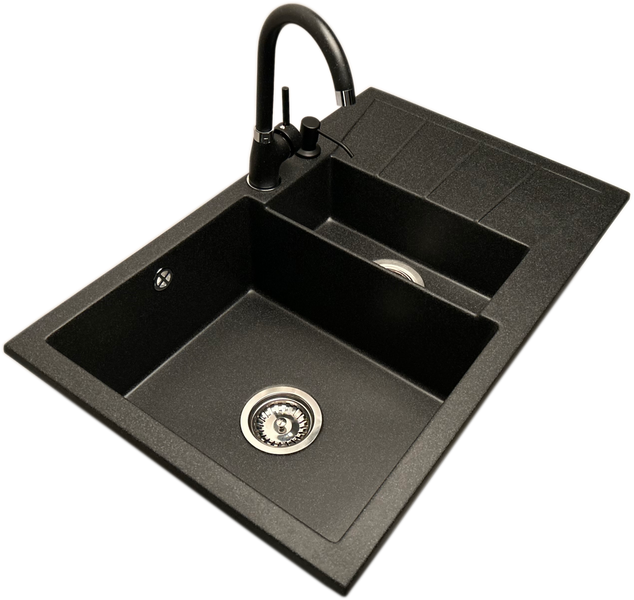 Zlewozmywak 1,5 komorowy z ociekaczem MILOS grafit z lewym ociekaczem + bateria NOON + dozownik zdjęcie 2