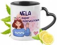 Kubek Czarny Z Uszkiem W Kształcie Serca Dla Neli Idealny Na Prezent