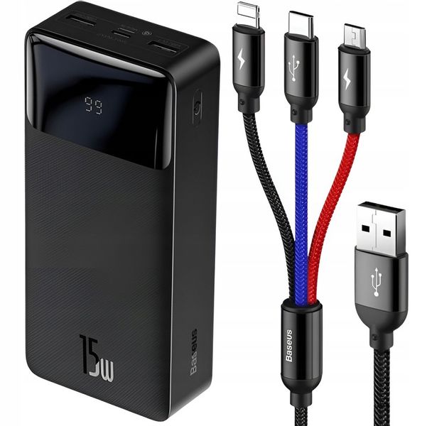 POJEMNY POWERBANK BASEUS 30000MAH PD 15W KABEL 3w1 DO LIGHTNING USB-C MICRO zdjęcie 1