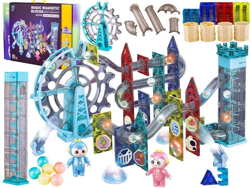 Świecące Klocki Magnetyczne, Tor Kulkowy Dla Kulek 129 Elementów Kulodrom zdjęcie 1