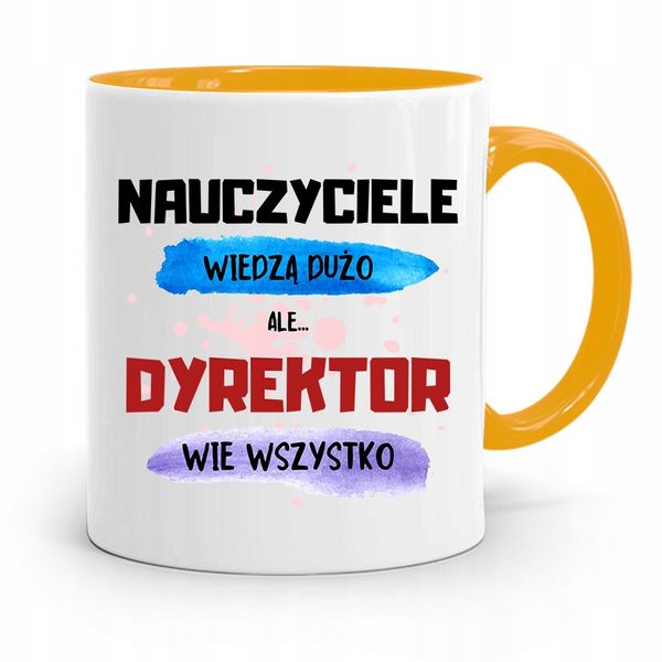 Dla Dyrektora Kubek Żółty Dyrektor Wie Wszystko Z Nadrukiem Ze Zdjęciem zdjęcie 1