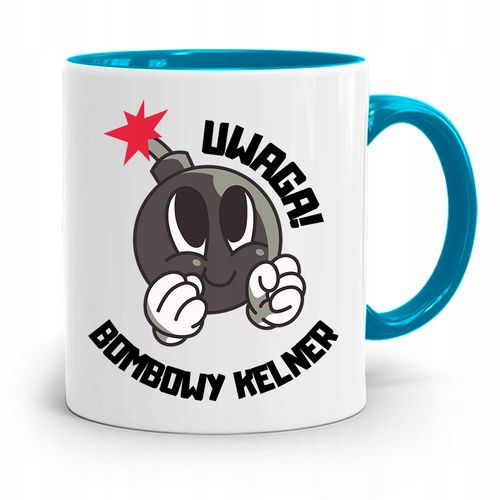 Dla Kelnera Kubek Błękitny Uwaga Bombowy Kelner Z Nadrukiem Ze Zdjęciem na Arena.pl