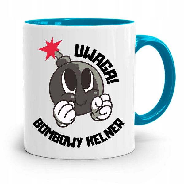 Dla Kelnera Kubek Błękitny Uwaga Bombowy Kelner Z Nadrukiem Ze Zdjęciem zdjęcie 1