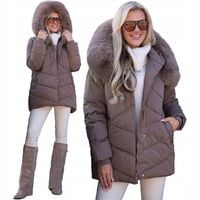 LEXI Klasyczna Luźna KURTKA Damska Pikowana Kaptur Z Futerkiem Karmel