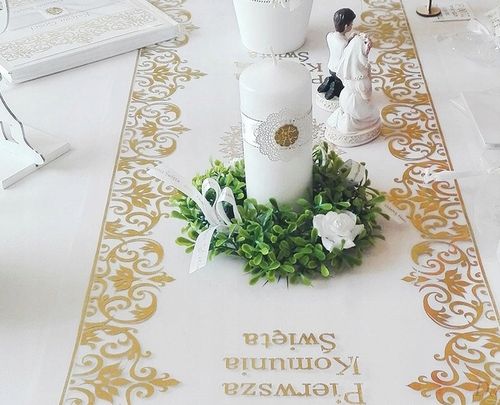 BIEŻNIK KOMUNIJNY ZŁOTY OBRUS NA STÓŁ KOMUNIA DEKORACJA INSPIRACJA na Arena.pl