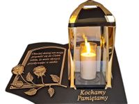 PAMIĘTAMY ZNICZ LAMPION NA GRÓB KPL ZŁOTO SKOS SENTENCJA+ ŚWIECA