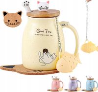 ZESTAW KUBEK Z KOTEM KOT ŁYŻKA PODKŁADKA SITKO Z HERBATĄ PORCELANOWY 380ml