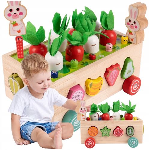 Układanka Montessori Sorter Klocków Złap Robaczka Drewniany Wózek Marchewki na Arena.pl