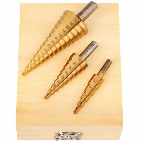 ZESTAW 3 ELEMENTOWY WIERTŁA STOŻKOWE STOPNIOWE DO METALU HSS WALIZKA S0322 na Arena.pl