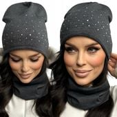 KOMPLET DAMSKI CZAPKA KOMIN WIOSNA JESIEŃ CIENKI LEKKI WYGODNY SPORT GRAFIT