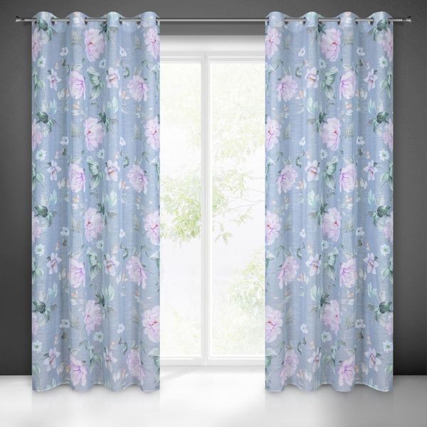 Zasłona gotowa na przelotkach FLORA 140x250 niebieska w kwiaty zdjęcie 2