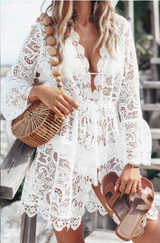 PAREO PLAŻOWA TUNIKA LETNIA BOHO NARZUTKA KORONKA BIAŁA SUKIENKA NA LATO na Arena.pl
