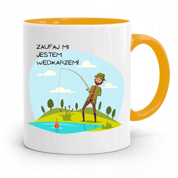 Kubek Żółty Wędkarza Zaufaj Mi Jestem Wędkarzem Z Nadrukiem Ze Zdjęciem zdjęcie 1