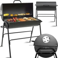 DUŻY GRILL WĘGLOWY OGRODOWY ZAMYKANY STOŁOWY Z POKRYWĄ PÓŁKĄ BECZKA