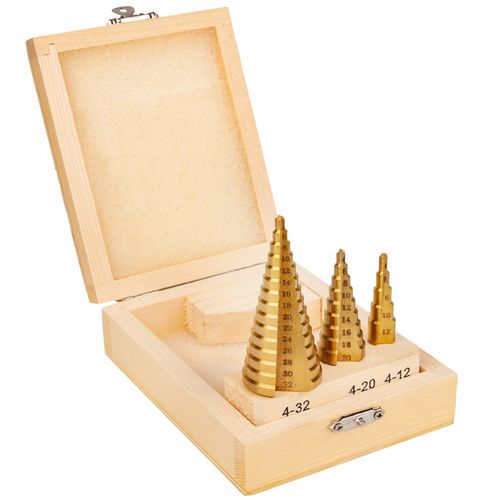 ZESTAW 3 ELEMENTOWY WIERTŁA STOŻKOWE STOPNIOWE DO METALU HSS WALIZKA S0322 na Arena.pl