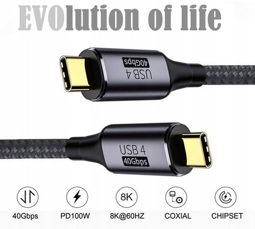 EVO Kabel USB 4.0 USB-C 40Gbps Thunderbolt 8K - 1,2M SZYBKIE ŁADOWANIE na Arena.pl