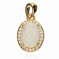 ELEGANCKI OWALNY POZŁACANY SREBRNY WISIOREK JASNY BIAŁY OPAL BIAŁE CYRKONIE