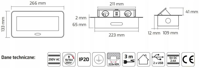 GNIAZDO BIUROWE WPUSZCZANE 2x230V USB A+C zdjęcie 2
