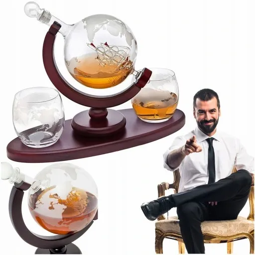 KARAFKA + SZKLANKI DO WHISKY STATEK GLOBUS GRAWER zdjęcie 1