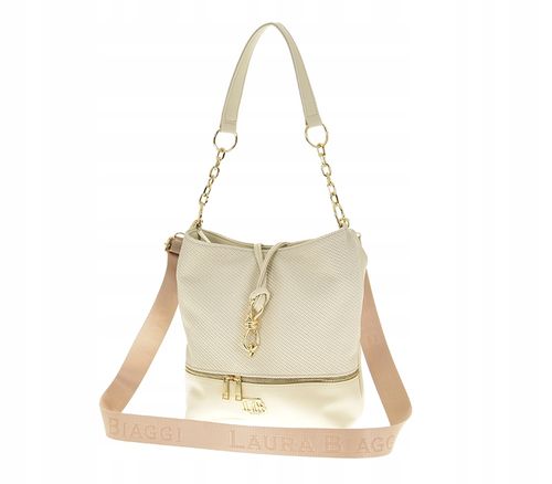 Laura Biaggi - torebka worek karabińczyk jasny beż struktura płótna A533 na Arena.pl