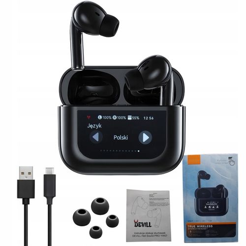 Słuchawki Bezprzewodowe Douszne PRO Lekkie ANC Mikrofon Czarne Wyświetlacz na Arena.pl