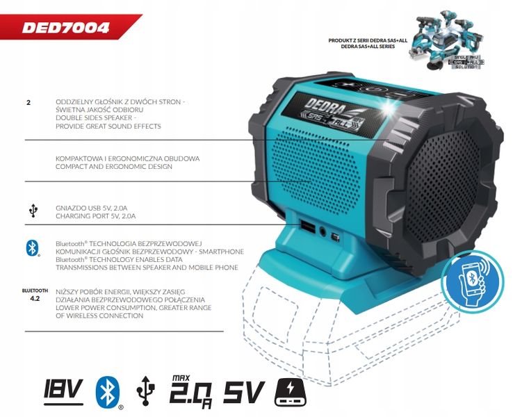 GŁOŚNIK BLUETOOTH USB 18V SASALL DED7004 DEDRA zdjęcie 2
