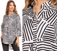 Koszula Damska z Rękawem 3/4 Elegancka Paski Rozpinana Klasyczna MORAJ L