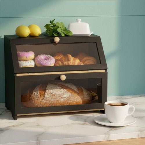 Chlebak zamykany, dwupoziomowy, szafka na pieczywo, bambusowy, czarny na Arena.pl