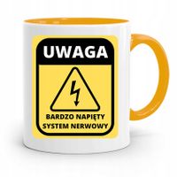 Kubek Żółty Śmieszny Zabawny Napięty System Uwaga Z Nadrukiem Ze Zdjęciem