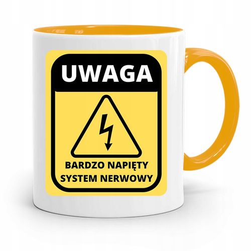 Kubek Żółty Śmieszny Zabawny Napięty System Uwaga Z Nadrukiem Ze Zdjęciem na Arena.pl