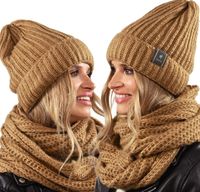 Zimowy Komplet damski CZAPKA + KOMIN Tunel z Wełną zestaw POLSKI Karmel