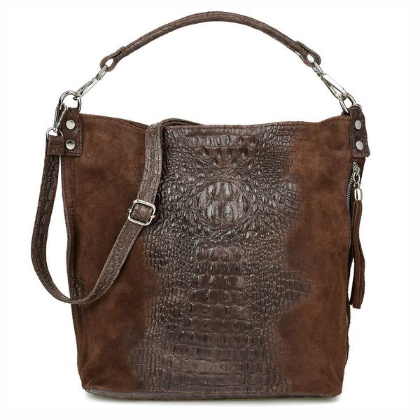 VERA PELLE torebka zamszowa worek kroko z paskiem na ramię V476 c.brązowa zdjęcie 2