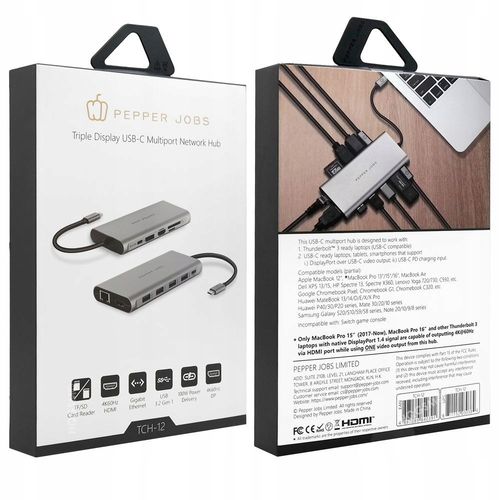 HUB USB-C 12w1 Pepper Jobs 2x HDMI Display Port 4xUSB SD/TF RJ-45 PD 100W na Arena.pl