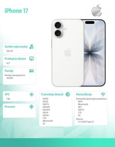 iPhone 17 Apple 8 GB / 256 GB 5G biały na Arena.pl