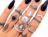 Srebrny Zestaw Punk Pierścionki Cyrkonie Księżyc