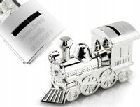 Skarbonka lokomotywa posrebrzana prezent na chrzest + grawer