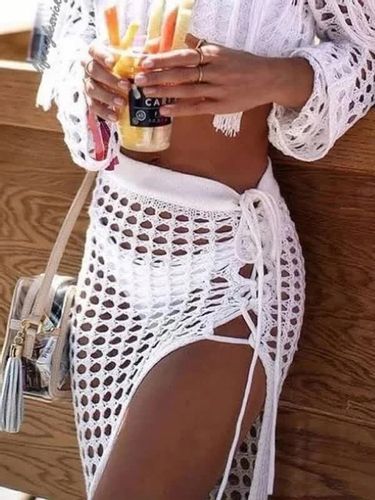 BIAŁA AŻUROWA MIDI SPÓDNICA PLAŻOWA BOHO PLAŻA LATO STYLOWA FRĘDZLE PROSTA na Arena.pl