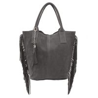 VERA PELLE torebka zamszowa shopper z frędzlami i saszetką V460 c.szara