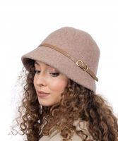Beżowy Damski Kapelusz Bucket Klamerka Wełniany Elegancki Stylowy