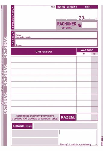 DRUK RACHUNEK DLA ZWOLNIONYCH Z VAT DLA USŁUG A6 233-5 5906858001693 na Arena.pl