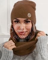 KOMPLET DAMSKI KOBIECY MODNY WYGODNY CZAPKA KOMIN ZESTAW BRĄZOWY 2719