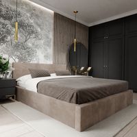 ŁÓŻKO TAPICEROWANE DO SYPIALNI 120x200 ŁÓŻKO PODWÓJNE Z POJEMNIKIEM BEŻOWE