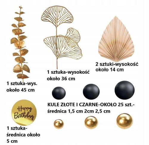 DEKORACJA TOPPER NA TORT ZŁOTE CZARNE KULE MIX NA PIKU WACHLARZE LIŚCIE na Arena.pl