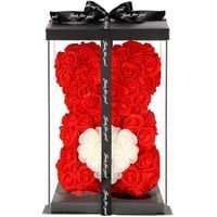 Miś z płatków róż czerwony z białym sercem 25 cm rose bear z opakowaniem