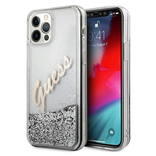 Etui Guess Glitter Vintage Script na iPhone 12 Pro Max - srebrne zdjęcie 1