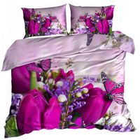 Pościel 3D bawełna satyna 160x200cm FIOLETOWE TULIPANY