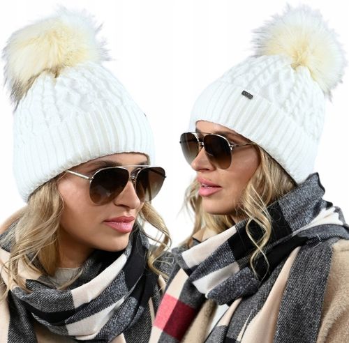 Czapka Damska Z Pomponem Zimowa kremowa Ciepła czapka z polarem PL - ECRU na Arena.pl