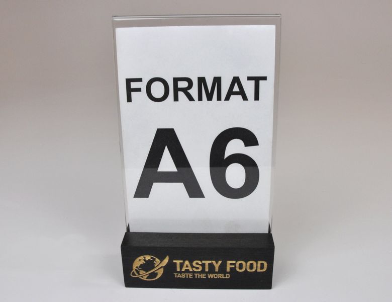 stojak na menu ulotkę plexi + drewniana podstawka z grawerem A6 10 szt zdjęcie 2